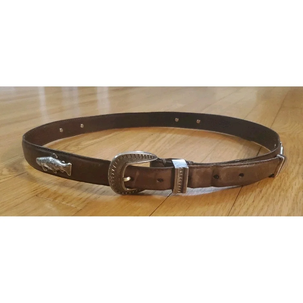 Italian Full Grain Leather Belt Trout Fish Metal Western Detailed Buckle Size 36